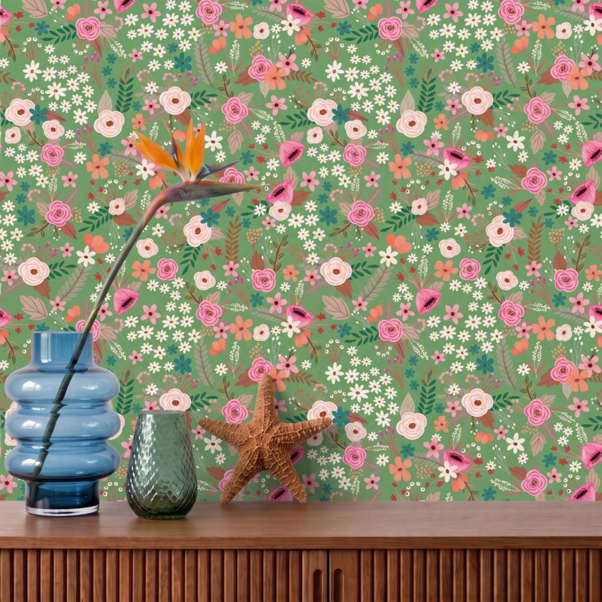 VEER DECOR Mia Charro Collection Sophie Floral Green Peel & Stick Wallaper Transitional Green   - MIAPS1-01