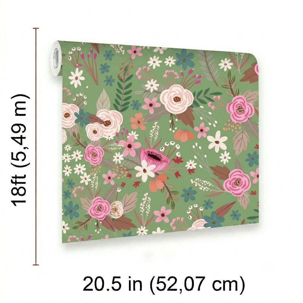 VEER DECOR Mia Charro Collection Sophie Floral Green Peel & Stick Wallaper Transitional Green   - MIAPS1-01