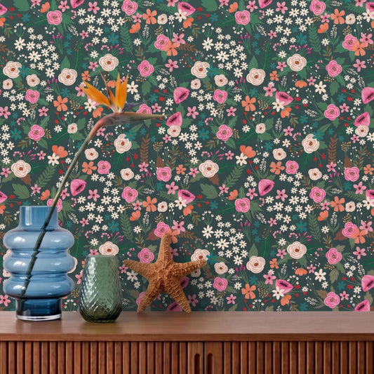 VEER DECOR Mia Charro Collection Sophie Floral Dark Green Peel & Stick Wallaper Transitional Dark Green   - MIAPS1-02