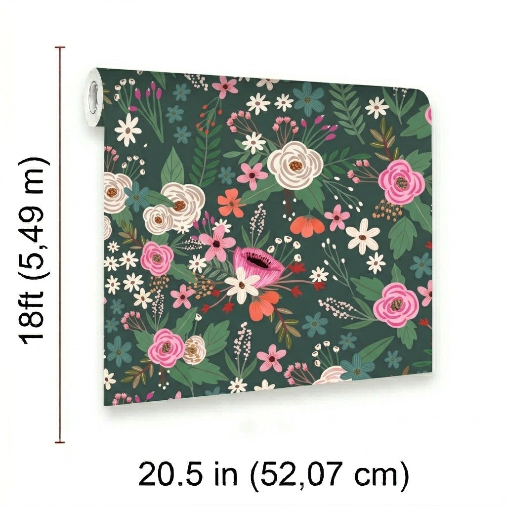 VEER DECOR Mia Charro Collection Sophie Floral Dark Green Peel & Stick Wallaper Transitional Dark Green   - MIAPS1-02