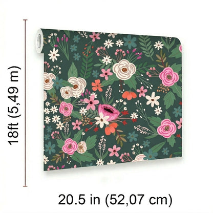VEER DECOR Mia Charro Collection Sophie Floral Dark Green Peel & Stick Wallaper Transitional Dark Green   - MIAPS1-02