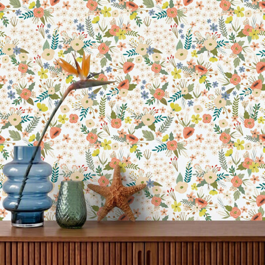 VEER DECOR Mia Charro Collection Sophie Floral White Peel & Stick Wallaper Transitional White   - MIAPS1-04