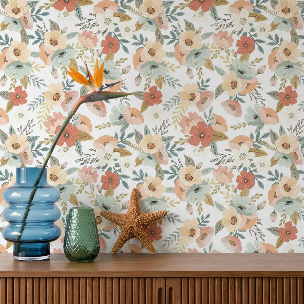 VEER DECOR Mia Charro Collection Forna Floral White Peel & Stick Wallpaper Transitional White   - MIAPS2-01