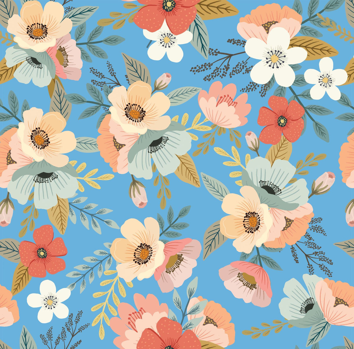 VEER DECOR Mia Charro Collection Forna Floral Blue Peel & Stick Wallpaper Transitional Blue   - MIAPS2-03