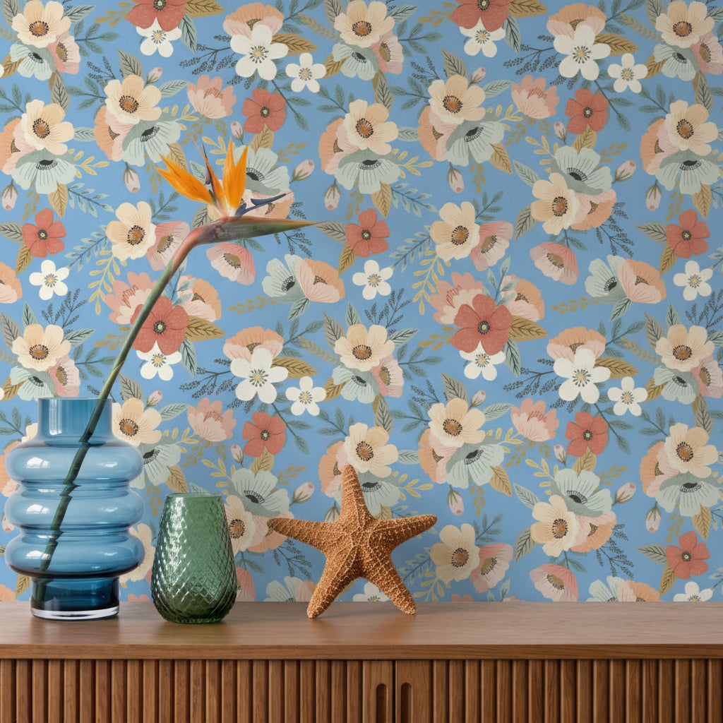VEER DECOR Mia Charro Collection Forna Floral Blue Peel & Stick Wallpaper Transitional Blue   - MIAPS2-03