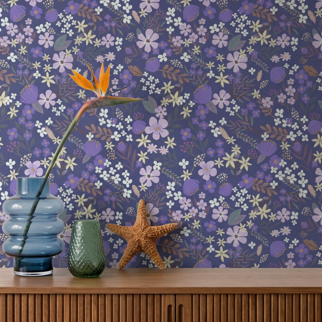 VEER DECOR Mia Charro Collection Margarida Floral Purple Peel & Stick Wallpaper Transitional Purple   - MIAPS3-01