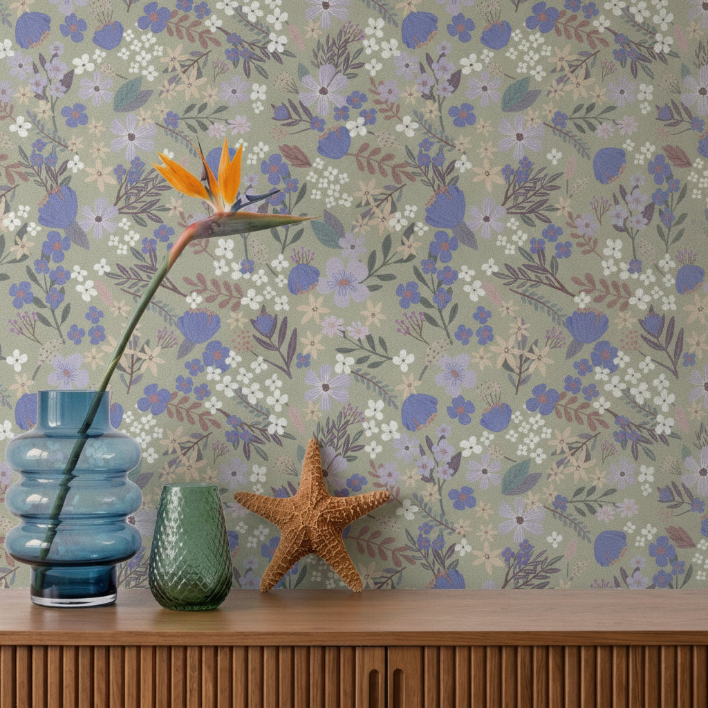 VEER DECOR Mia Charro Collection Margarida Floral Sage Peel & Stick Wallpaper Transitional Sage   - MIAPS3-03