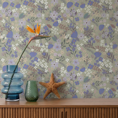 VEER DECOR Mia Charro Collection Margarida Floral Sage Peel & Stick Wallpaper Transitional Sage   - MIAPS3-03