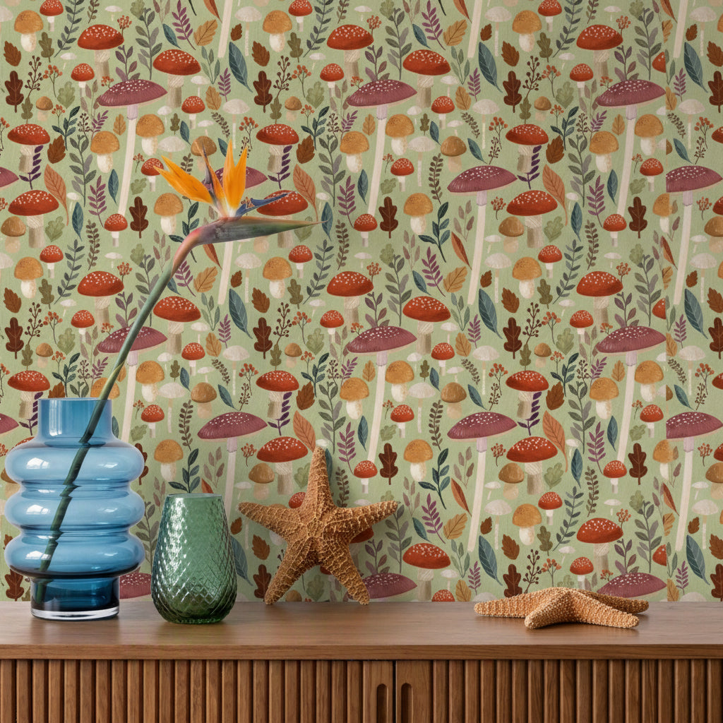 VEER DECOR Mia Charro Collection Mushroom Muse Green Peel & Stick Wallpaper Novelty Green   - MIAPS5-02