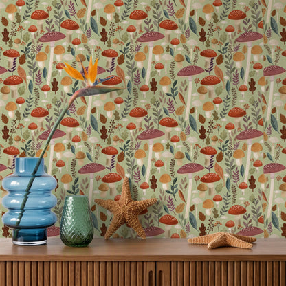 VEER DECOR Mia Charro Collection Mushroom Muse Green Peel & Stick Wallpaper Novelty Green   - MIAPS5-02