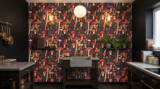 VEER DECOR Mia Charro Collection Mushroom Muse Black Peel & Stick Wallpaper Novelty Black   - MIAPS5-03