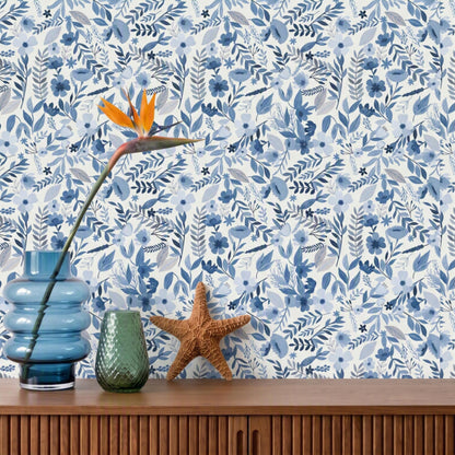VEER DECOR Mia Charro Collection Emilie Floral Blue Peel & Stick Wallpaper  Transitional Blue   - MIAPS6-01