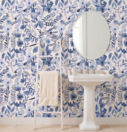 VEER DECOR Mia Charro Collection Emilie Floral Blue Peel & Stick Wallpaper  Transitional Blue   - MIAPS6-01