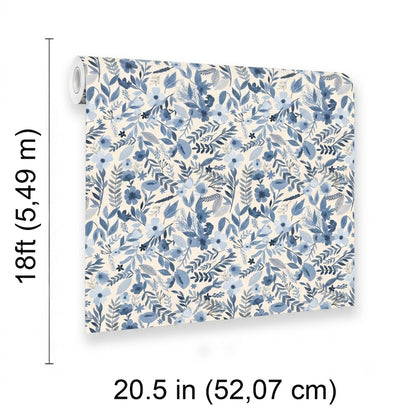 VEER DECOR Mia Charro Collection Emilie Floral Blue Peel & Stick Wallpaper  Transitional Blue   - MIAPS6-01