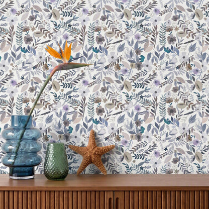 VEER DECOR Mia Charro Collection Emilie Floral Grey & Blue Peel & Stick Wallpaper  Transitional Grey    - MIAPS6-02