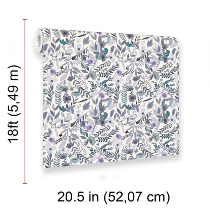 VEER DECOR Mia Charro Collection Emilie Floral Grey & Blue Peel & Stick Wallpaper  Transitional Grey    - MIAPS6-02