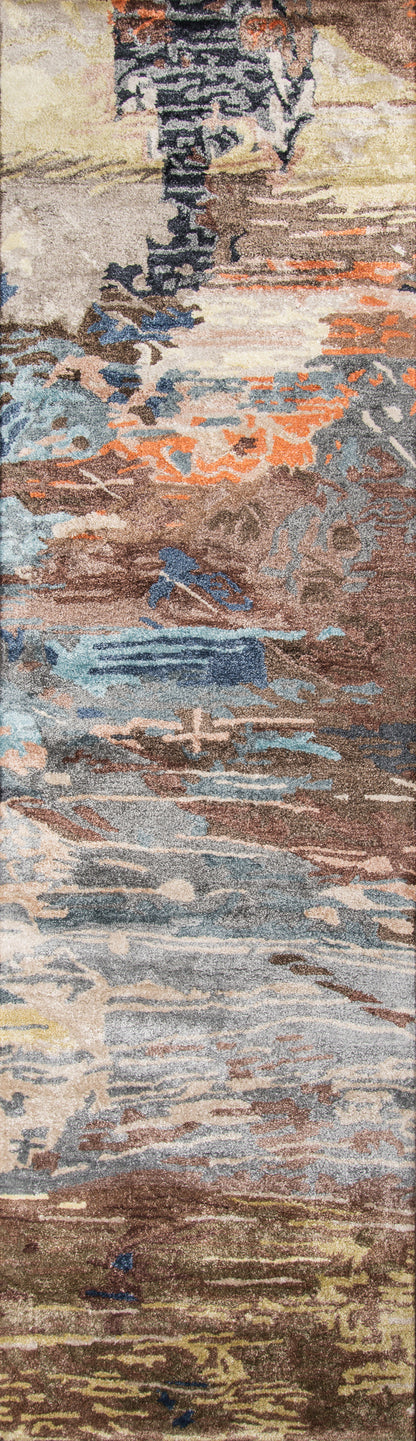 Abstract painterly area rug in earth tones with blues, browns and creams; plush textured pile.