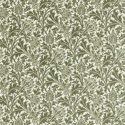 Morris & Co Thistle Weave fabric in Nettle featuring a classic botanical thistle pattern with woven texture, designer upholstery fabric suitable for cushions, curtains, blinds, occasional upholstery and general upholstery for indoor or outdoor décor projects.