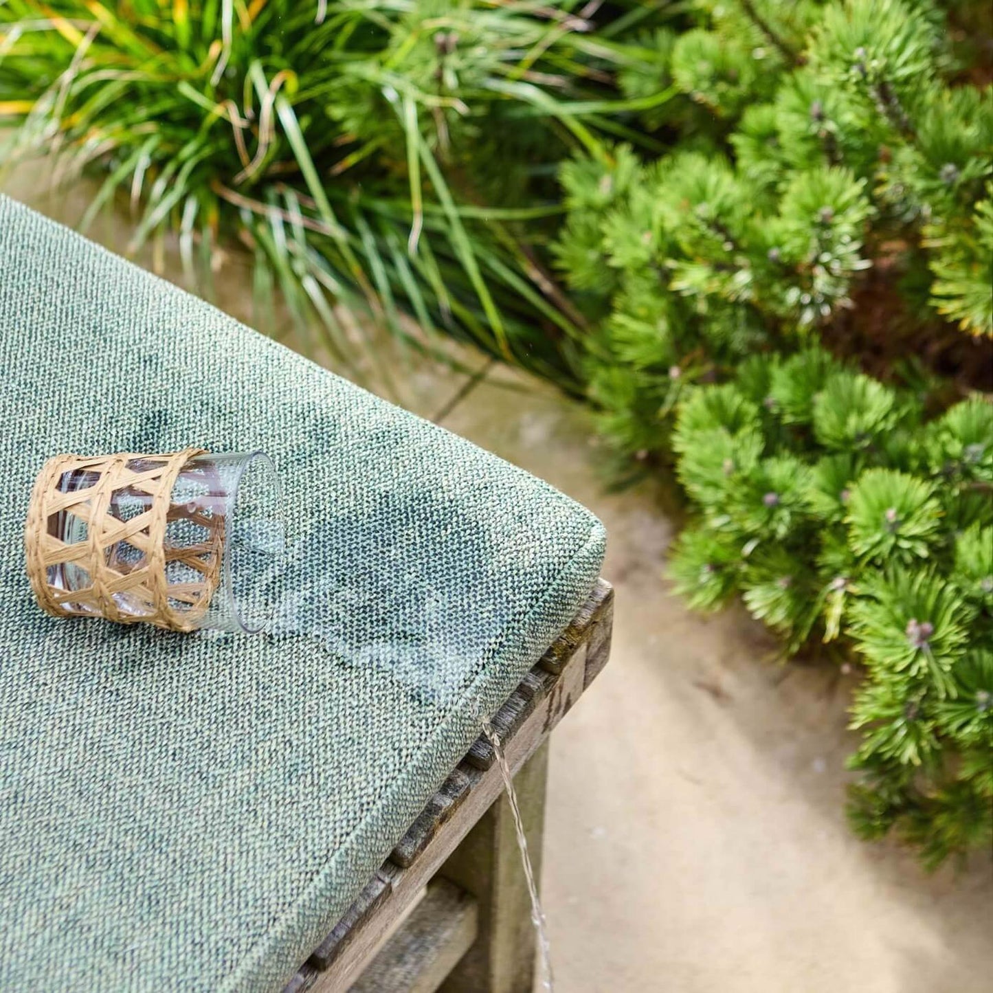 Amble Weave Outdoor Fabric in Mineral Blue by Morris & Co. Durable woven indoor-outdoor performance fabric with a textured plain weave construction. Made from solution-dyed acrylic and polyester, ideal for upholstery, pillows, drapery, shades, contract seating, outdoor furniture, coastal décor, and residential or commercial interiors.