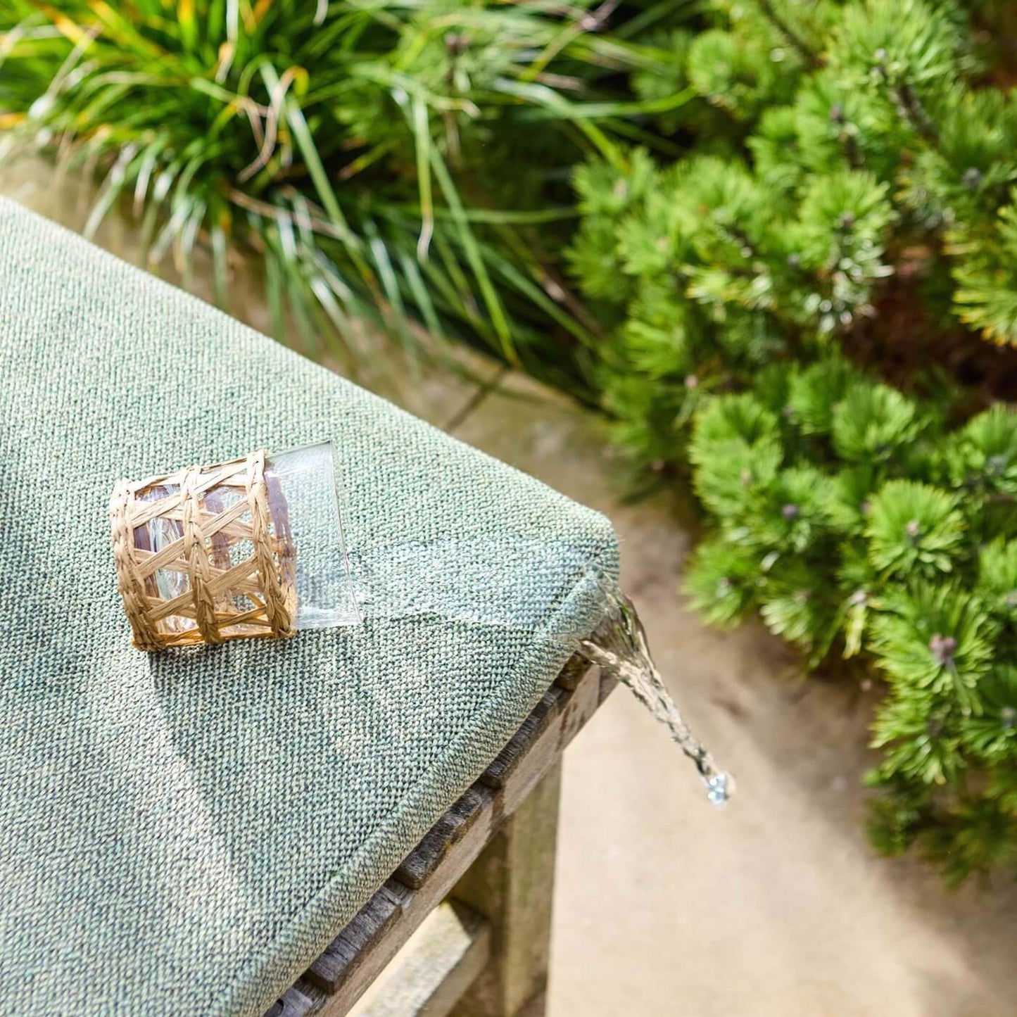 Amble Weave Outdoor Fabric in Mineral Blue by Morris & Co. Durable woven indoor-outdoor performance fabric with a textured plain weave construction. Made from solution-dyed acrylic and polyester, ideal for upholstery, pillows, drapery, shades, contract seating, outdoor furniture, coastal décor, and residential or commercial interiors.