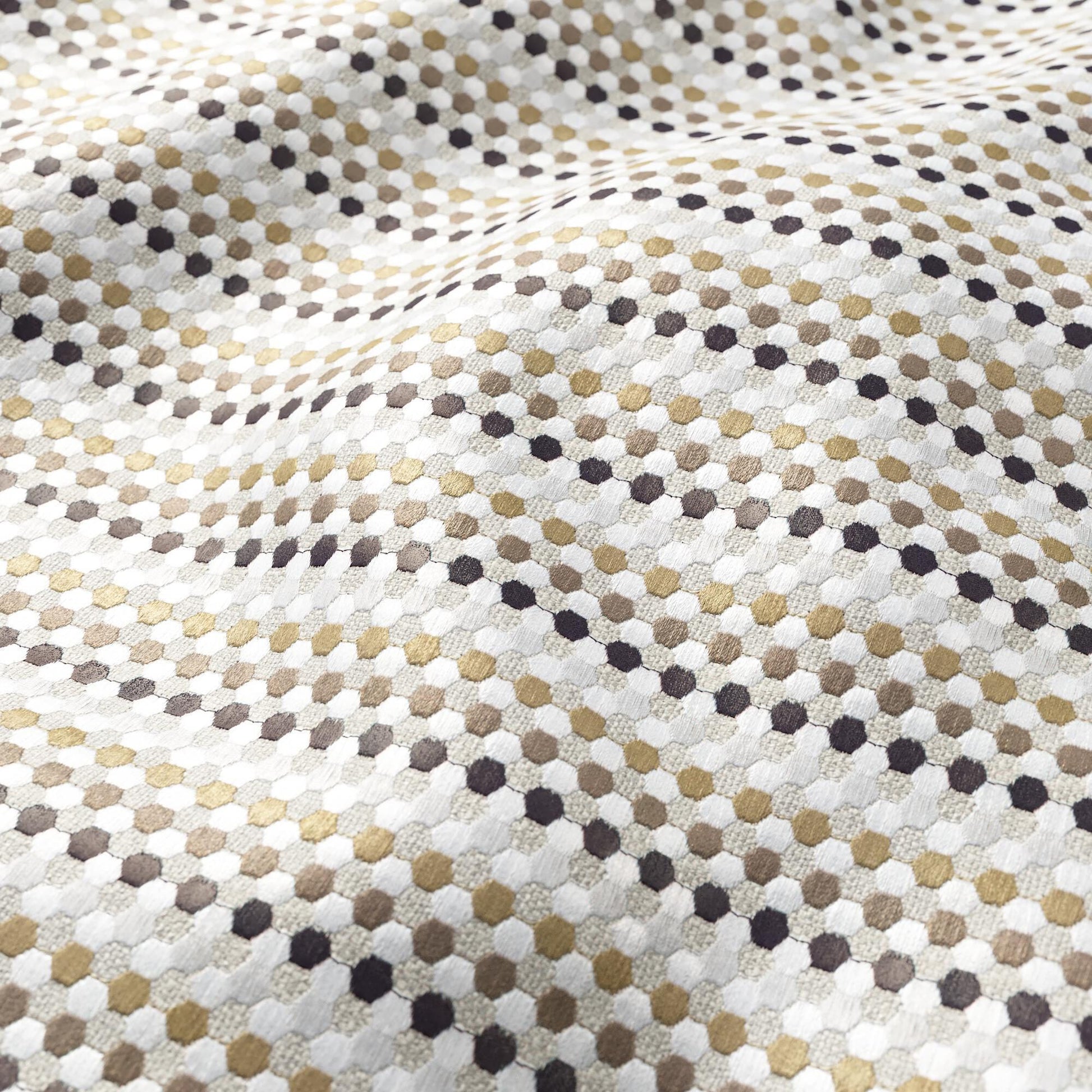 Textured woven fabric with grey & taupe geometric hex-dot pattern and subtle embroidery detail.