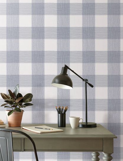 York Wallcoverings Magnolia Home High Performance Weft And Weave Indigo Wallpaper Farmhouse Plaids and Checks Blues  Wallpaper - MJ4838