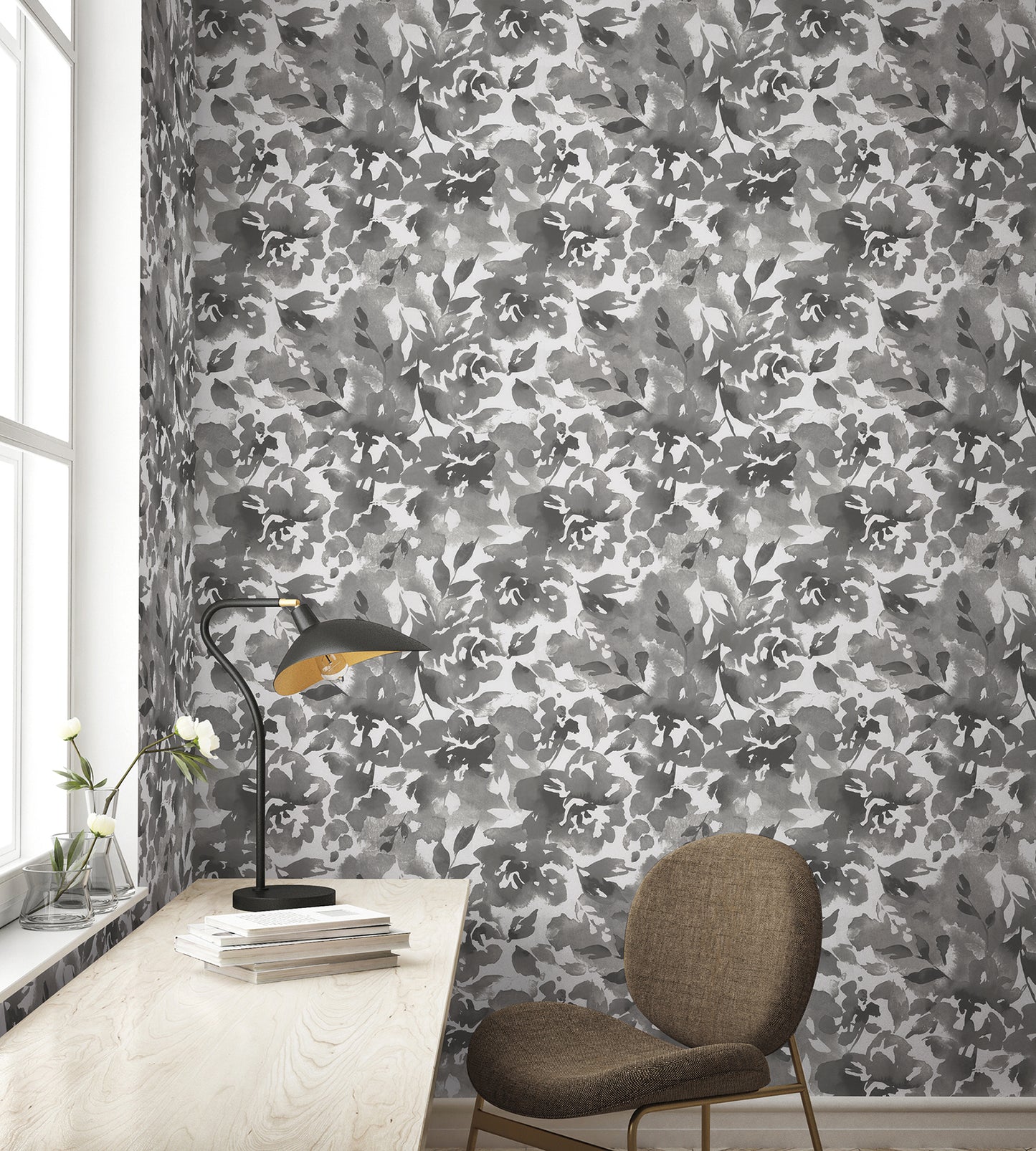 York Wallcoverings Magnolia Home High Performance Lakelynn Charcoal Wallpaper Whimsical Florals Greys  Wallpaper - MJ4871