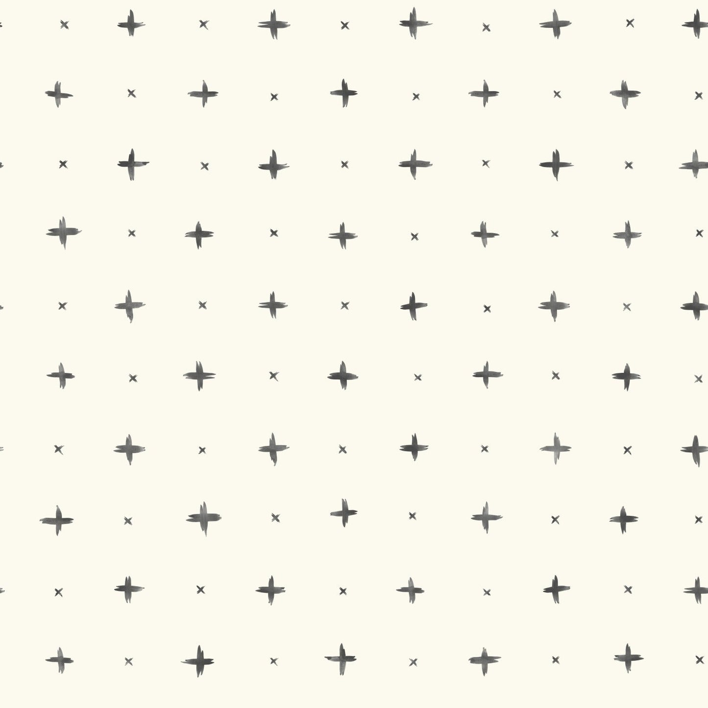 Cream background with dark gray brush-stroke crosses and tiny X marks in a repeating geometric pattern.