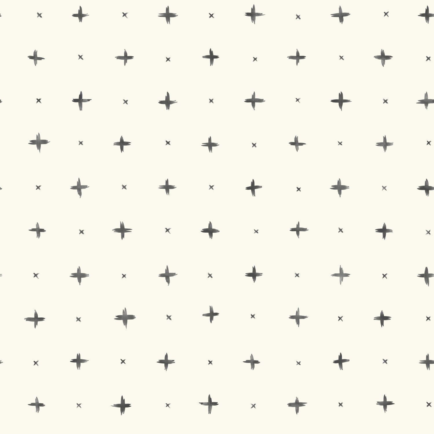 Cream background with dark gray brush-stroke crosses and tiny X marks in a repeating geometric pattern.
