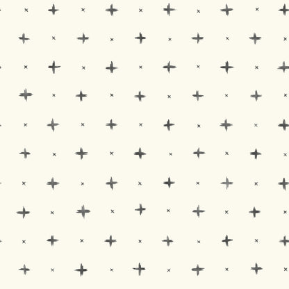 Cream background with dark gray brush-stroke crosses and tiny X marks in a repeating geometric pattern.