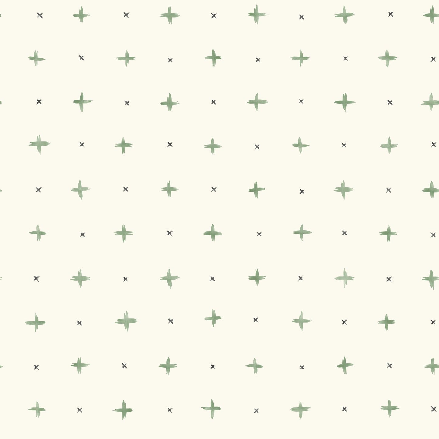 Beige wallpaper with a sage-green cross-stitch style pattern of plus signs and tiny dark X marks; repeating geometric motif.