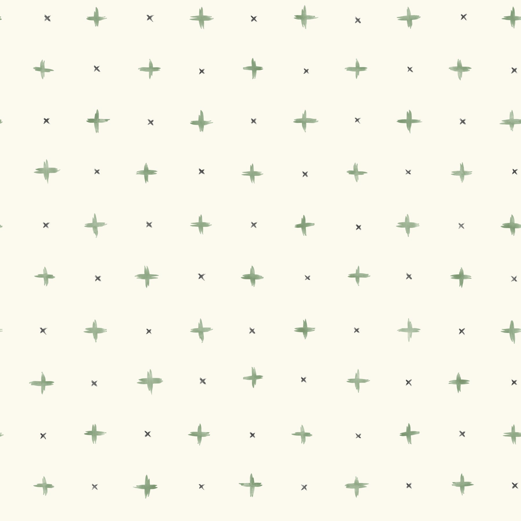 Beige wallpaper with a sage-green cross-stitch style pattern of plus signs and tiny dark X marks; repeating geometric motif.