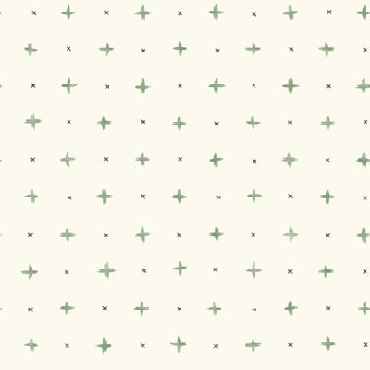 Beige wallpaper with a sage-green cross-stitch style pattern of plus signs and tiny dark X marks; repeating geometric motif.