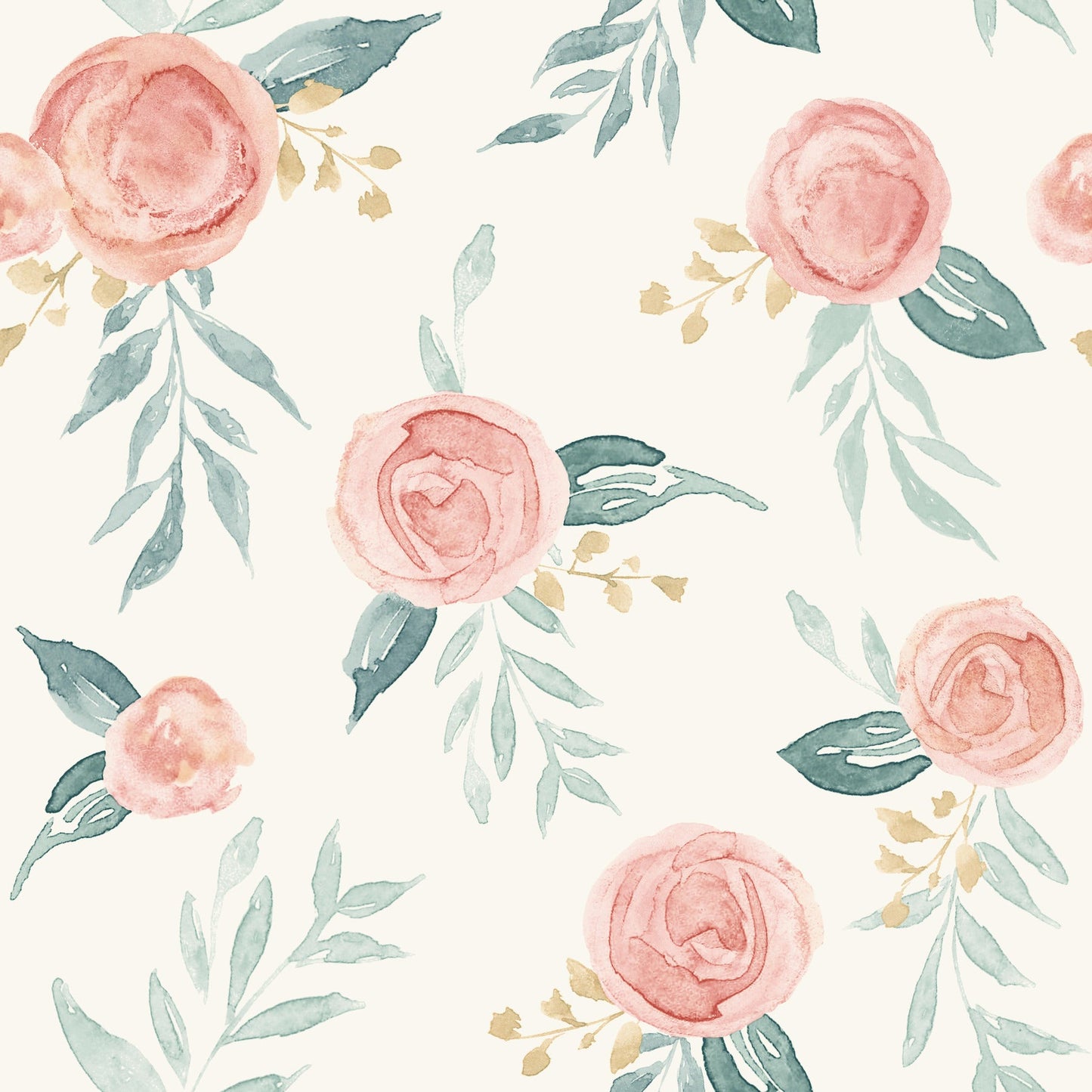 Watercolor red roses with blue-green leaves on cream background; soft floral wallpaper pattern.
