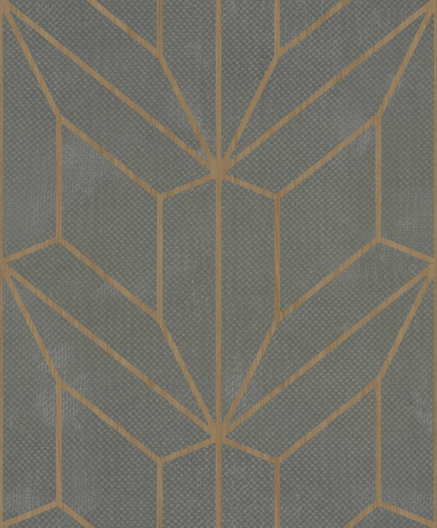 Geometric wallpaper featuring hammered diamond inlay in grey and wood tones on a textured background.