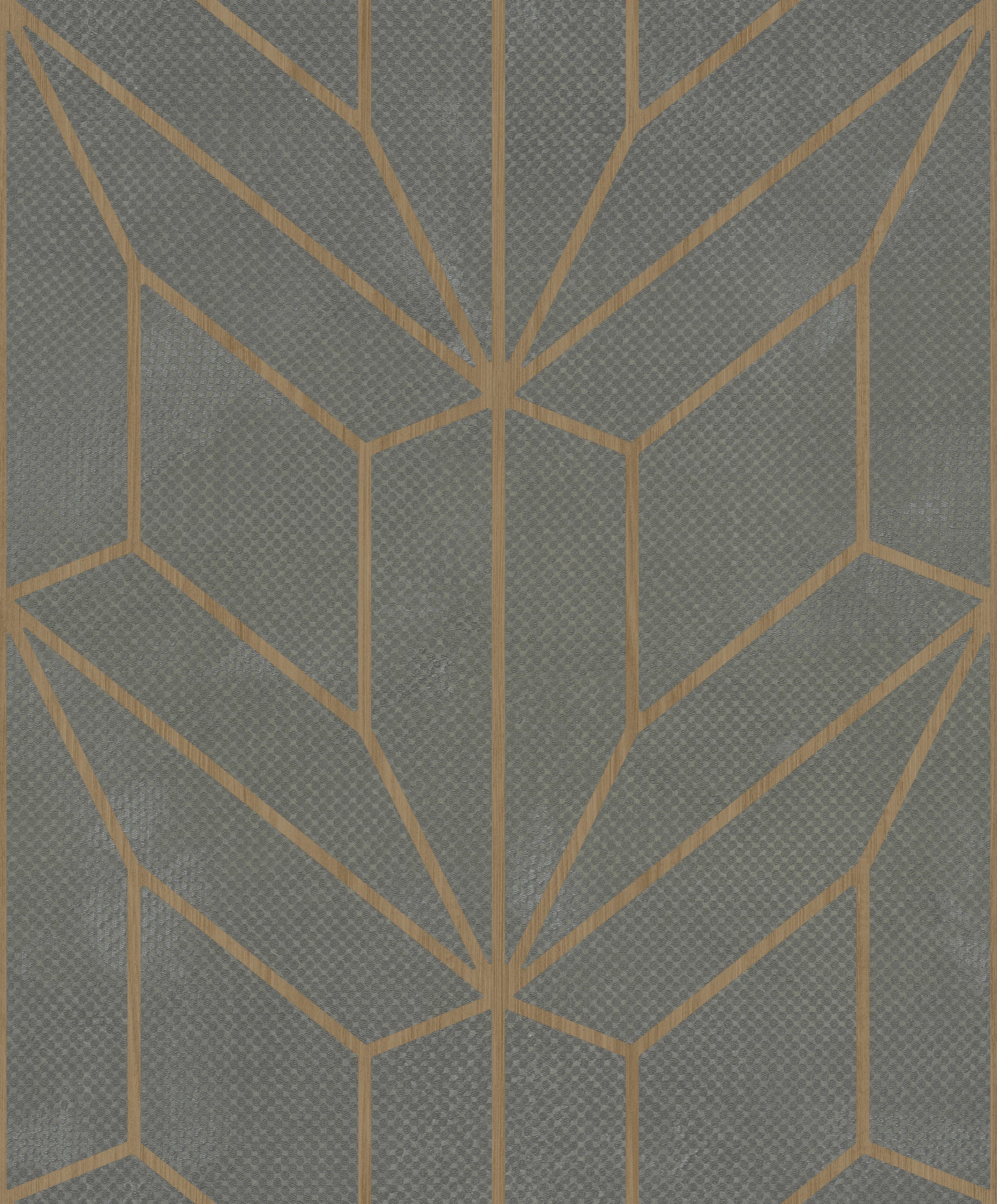 Geometric wallpaper featuring hammered diamond inlay in grey and wood tones on a textured background.