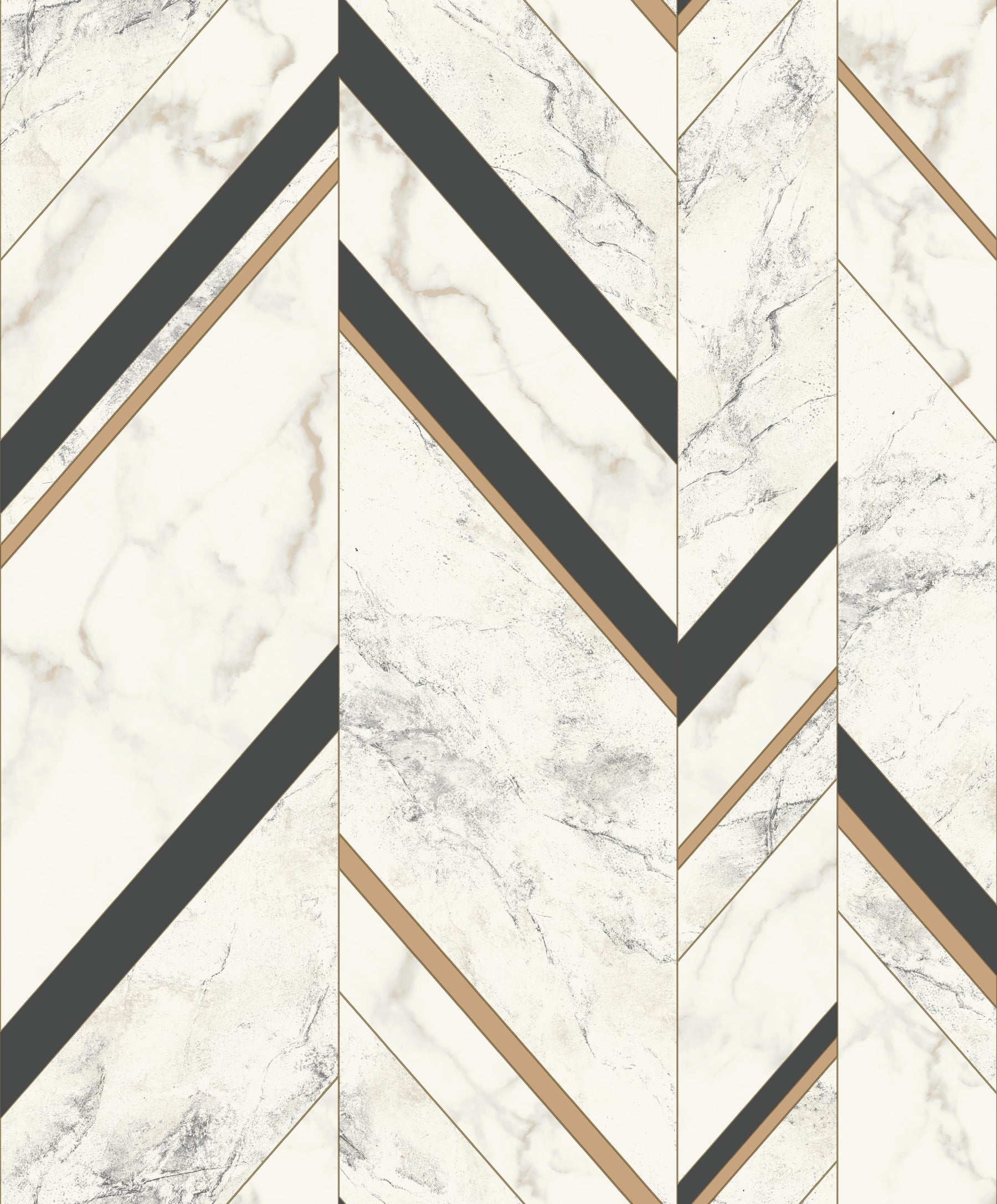 Cream marble chevron wallpaper with charcoal and bronze accents in vertical panels.