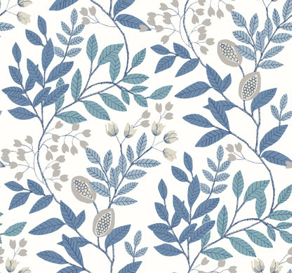 York Wallcoverings York Wallcoverings Eden Retreat White and Blue Wallpaper  Botanical Whites and Off-Whites   - MN1842