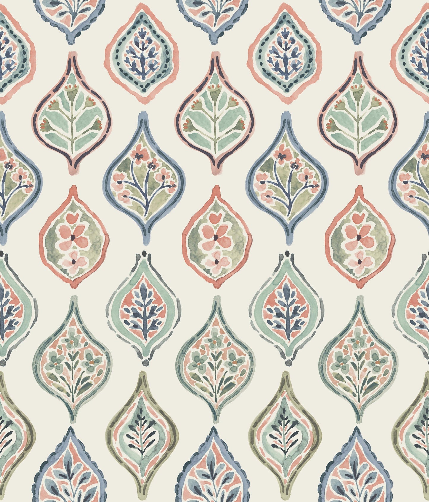 Pastel leaf-teardrop pattern in blues, greens and coral on cream; watercolor fabric print for cushions or wallpaper.