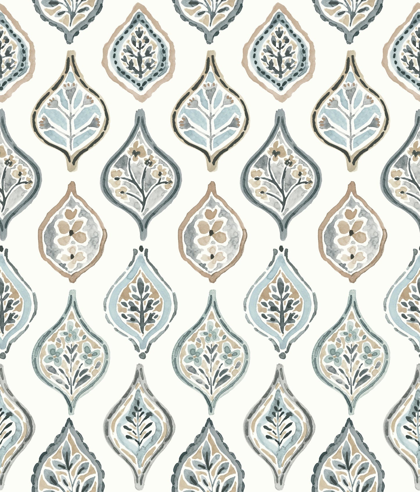 Soft blue, taupe and gray teardrop-shaped floral wallpaper pattern, repeating design.
