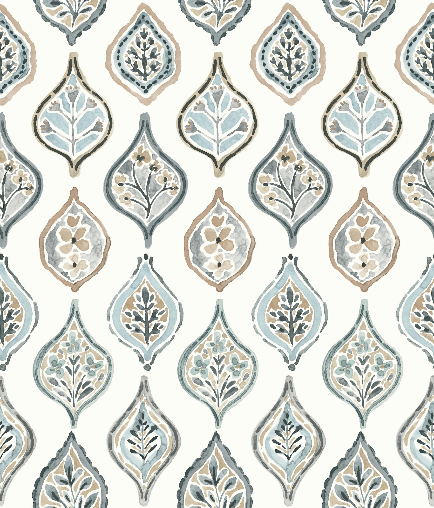 Soft blue, taupe and gray teardrop-shaped floral wallpaper pattern, repeating design.