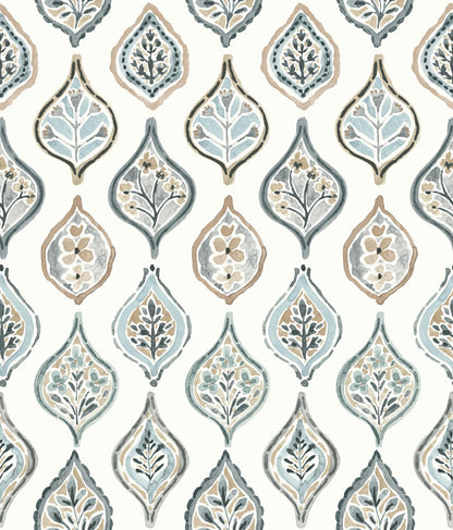 Soft blue, taupe and gray teardrop-shaped floral wallpaper pattern, repeating design.