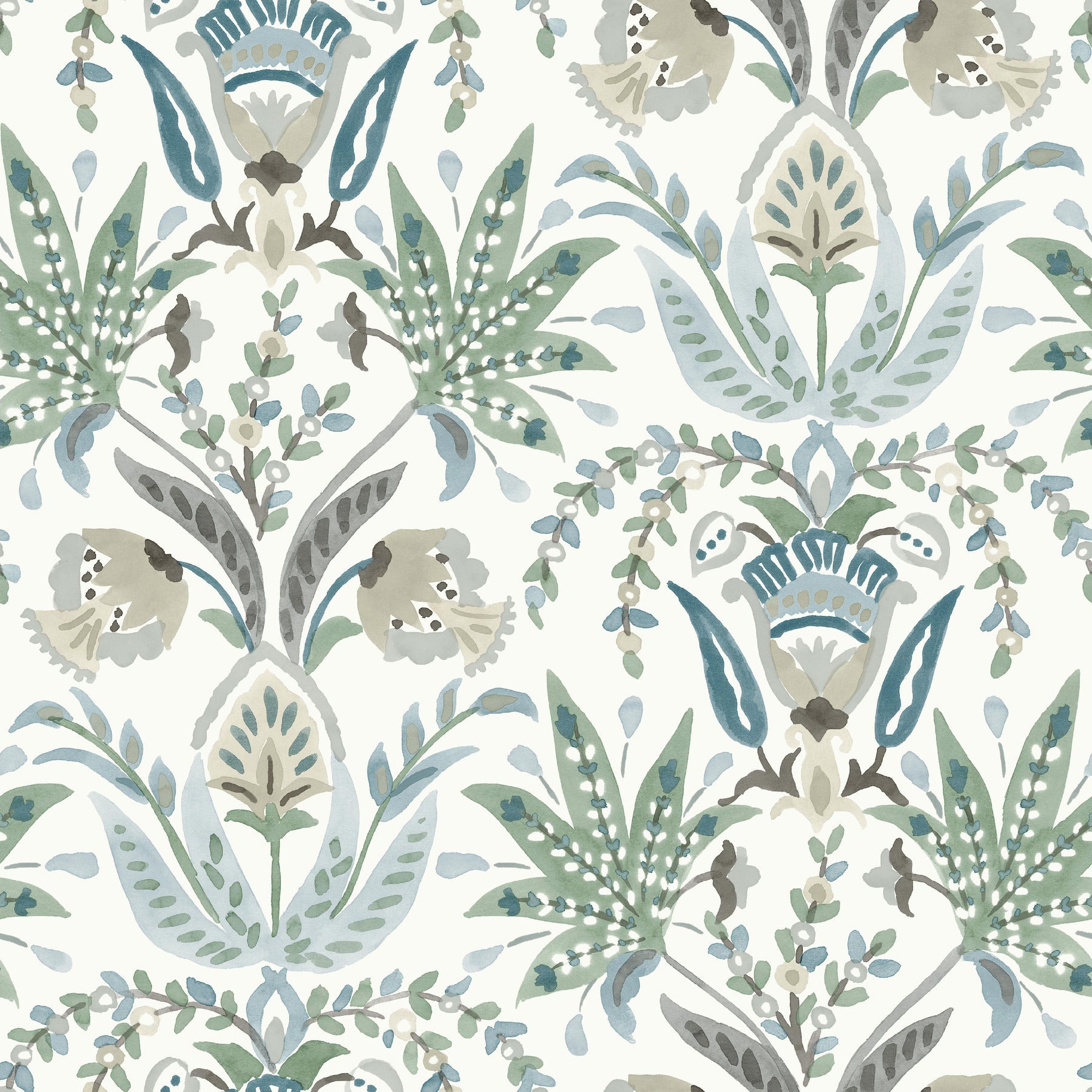 Damask-style floral pattern in muted greens, blues and grays on cream; ornate leaves and blossoms for wallpaper.