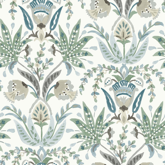 York Wallcoverings York Wallcoverings Seaside Jacobean Green and Blue Wallpaper  Florals and Flowers Whites and Off-Whites   - MN1910