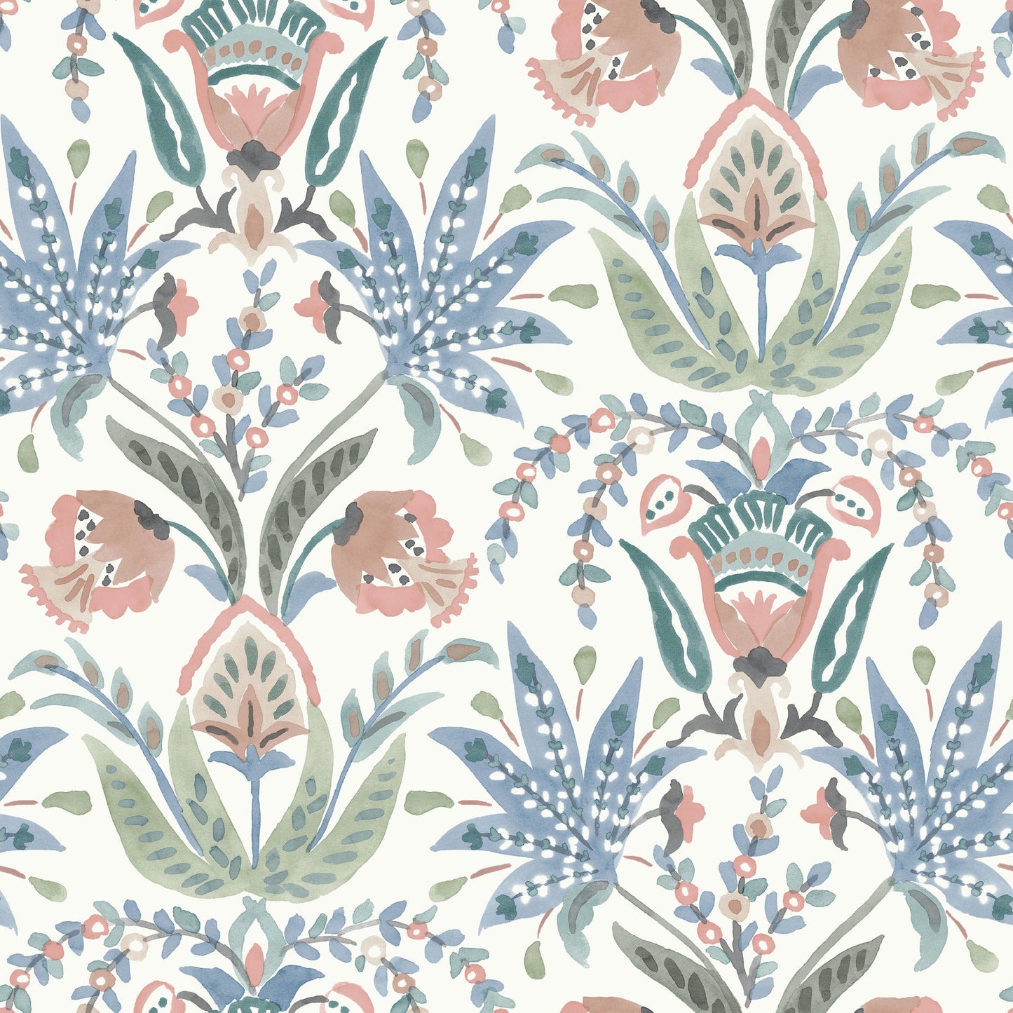 York Wallcoverings York Wallcoverings Seaside Jacobean Pink and Blue Wallpaper  Florals and Flowers Whites and Off-Whites   - MN1912