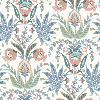 York Wallcoverings York Wallcoverings Seaside Jacobean Pink and Blue Wallpaper  Florals and Flowers Whites and Off-Whites   - MN1912