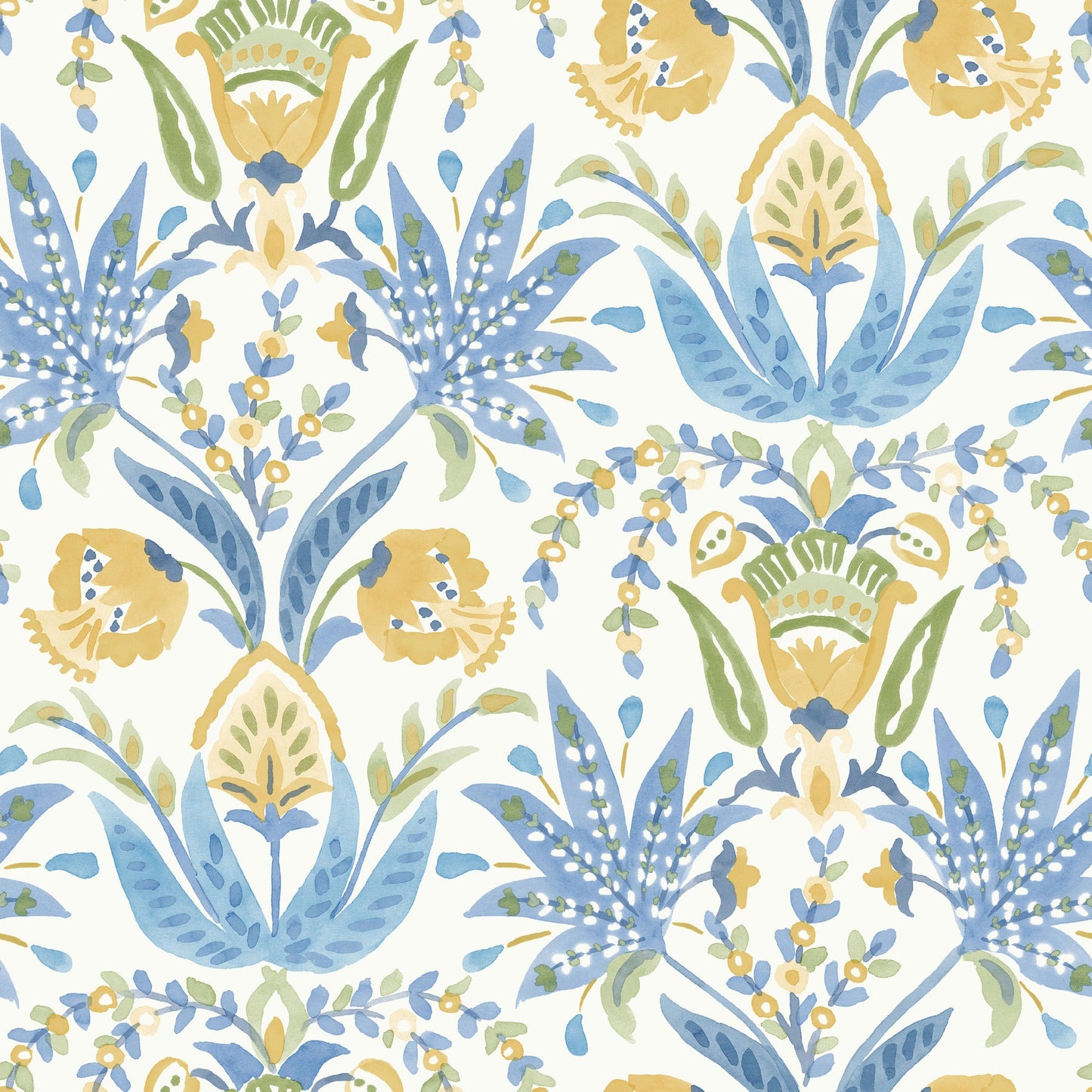 Blue and yellow botanical damask pattern with leafy sprays on a pale cream background.