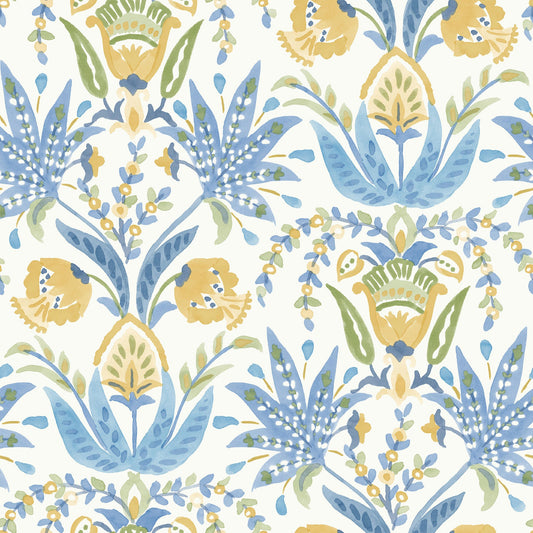 York Wallcoverings Inspired by Color Seaside Jacobean Yellow and Blue Wallpaper  Florals and Flowers Whites and Off-Whites   - MN1913