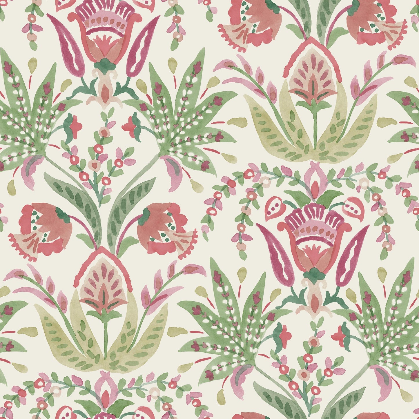 York Wallcoverings York Wallcoverings Seaside Jacobean Green and Red Wallpaper  Florals and Flowers Greens   - MN1914