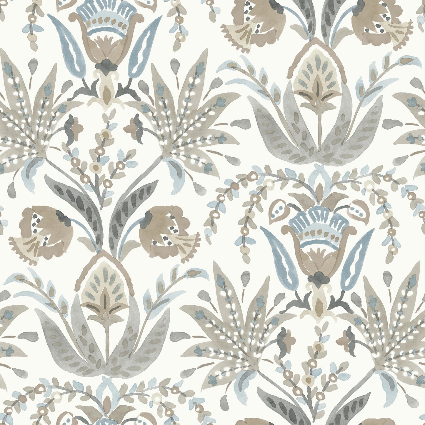 York Wallcoverings Inspired by Color Seaside Jacobean Taupe and Blue Wallpaper  Florals and Flowers Whites and Off-Whites   - MN1915